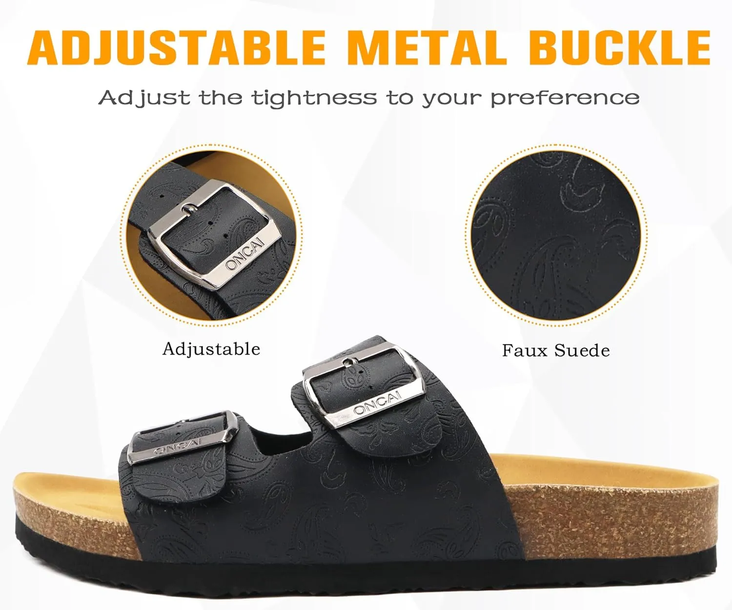 ONCAI Womens Flat Slide Sandals with Arch Support 2 Strap Adjustable Buckle Slip on Slides Shoes Non Slip Rubber Sole