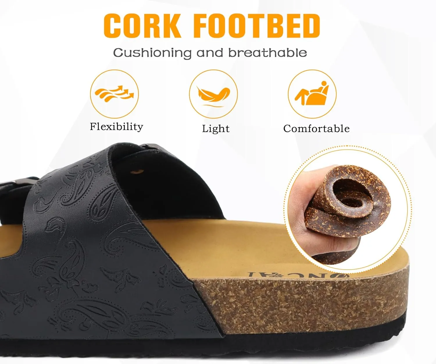 ONCAI Womens Flat Slide Sandals with Arch Support 2 Strap Adjustable Buckle Slip on Slides Shoes Non Slip Rubber Sole