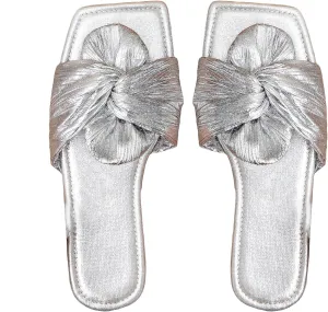 OYOANGLE Women's Metallic Twist Front Open Toe Flat Sandals Fashion Slide Sandals