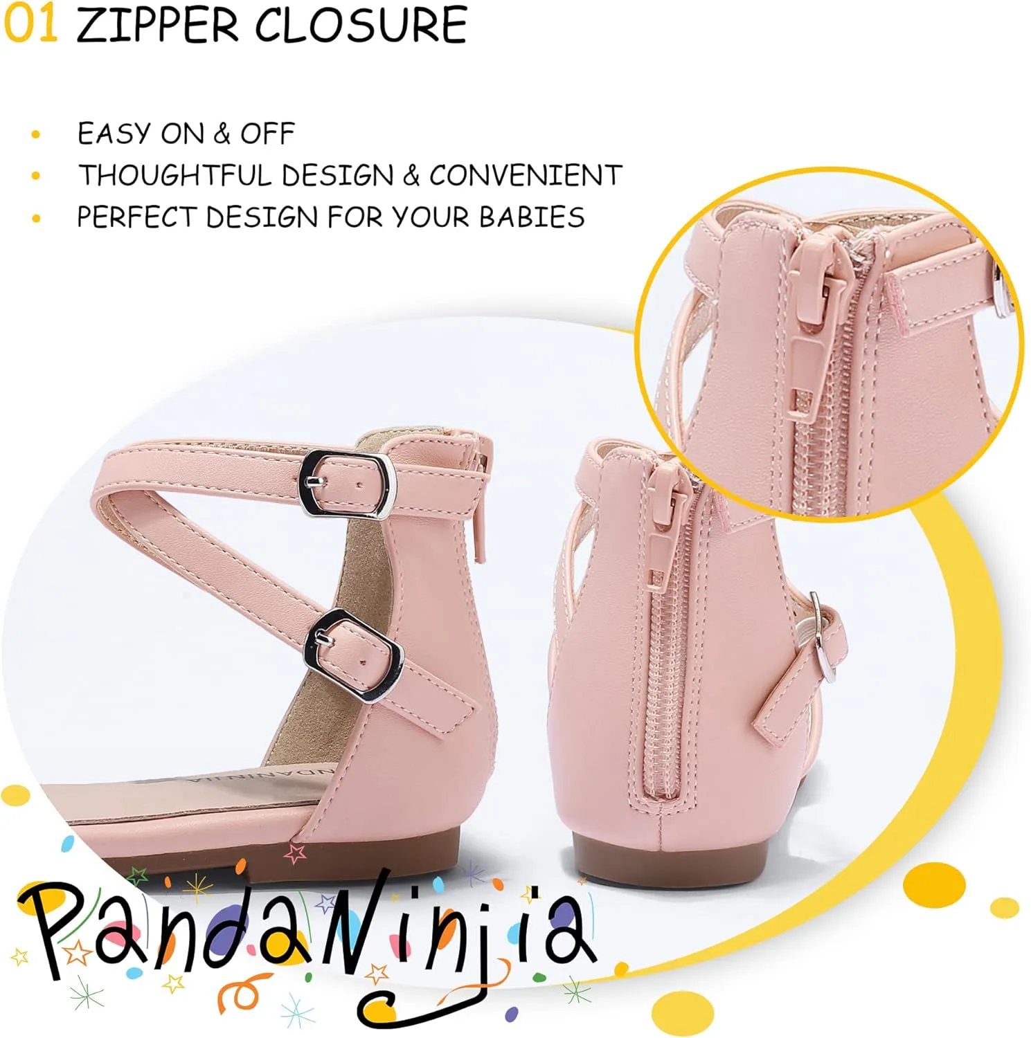 PANDANINJIA Girls Dress Shoes Flats Wedding Party School Toddler Little Kids Ankle Strap Ballet Flats Sandals