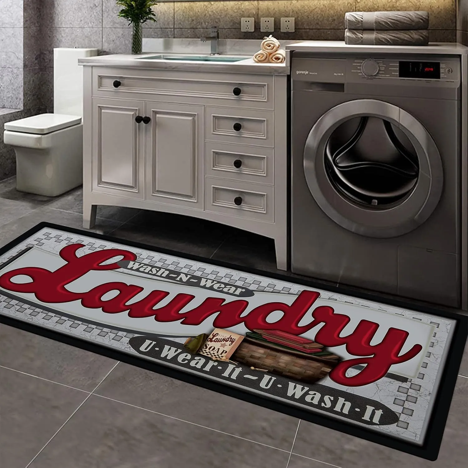 Pauwer Farmhouse Laundry Room Rug Runner 20"x59" Rubber Non Slip Kitchen Mats for Floor Waterproof Laundry Area Rug Washable Floor Carpet Runner for Entryway Bathroom Hallway Mudroom