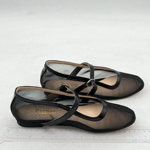 Pazzion Black Mesh Squared Toe Mary Jane Easy Strap Buckled Slip On Ballet Flat