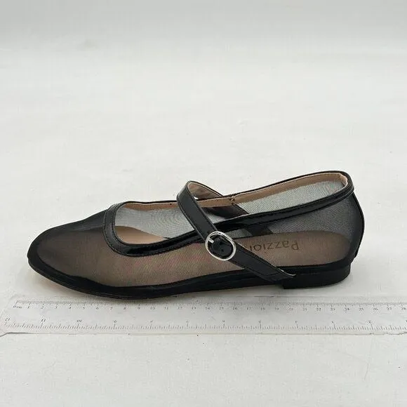 Pazzion Black Mesh Squared Toe Mary Jane Easy Strap Buckled Slip On Ballet Flat