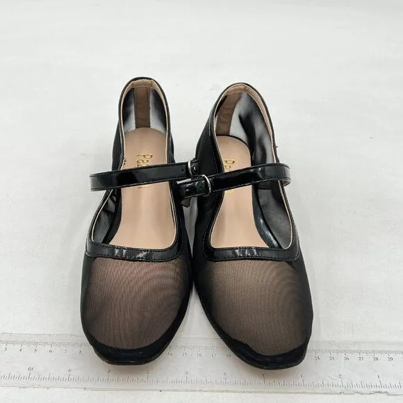 Pazzion Black Mesh Squared Toe Mary Jane Easy Strap Buckled Slip On Ballet Flat