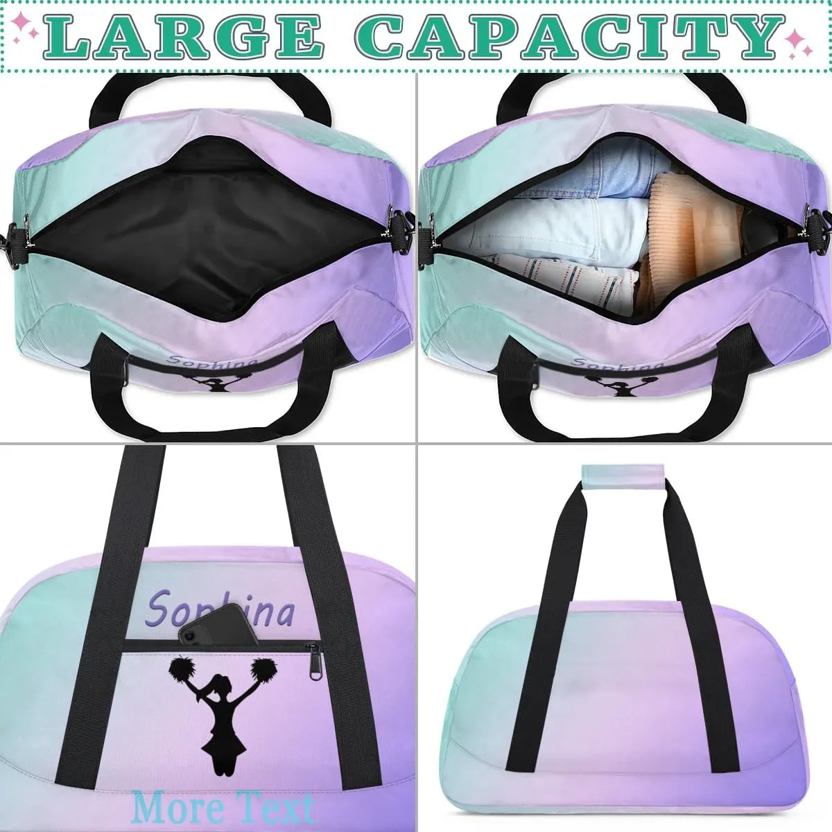 Personalized cheer Bag with Name Custom Sport Duffle Bag for Kids Girls and Boys Overnight Sleepover Bag Travel Bag Weekender Bag for Dance Gift cyan purple cheer