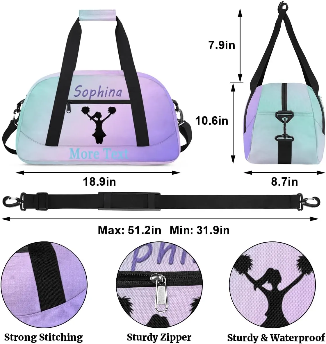 Personalized cheer Bag with Name Custom Sport Duffle Bag for Kids Girls and Boys Overnight Sleepover Bag Travel Bag Weekender Bag for Dance Gift cyan purple cheer