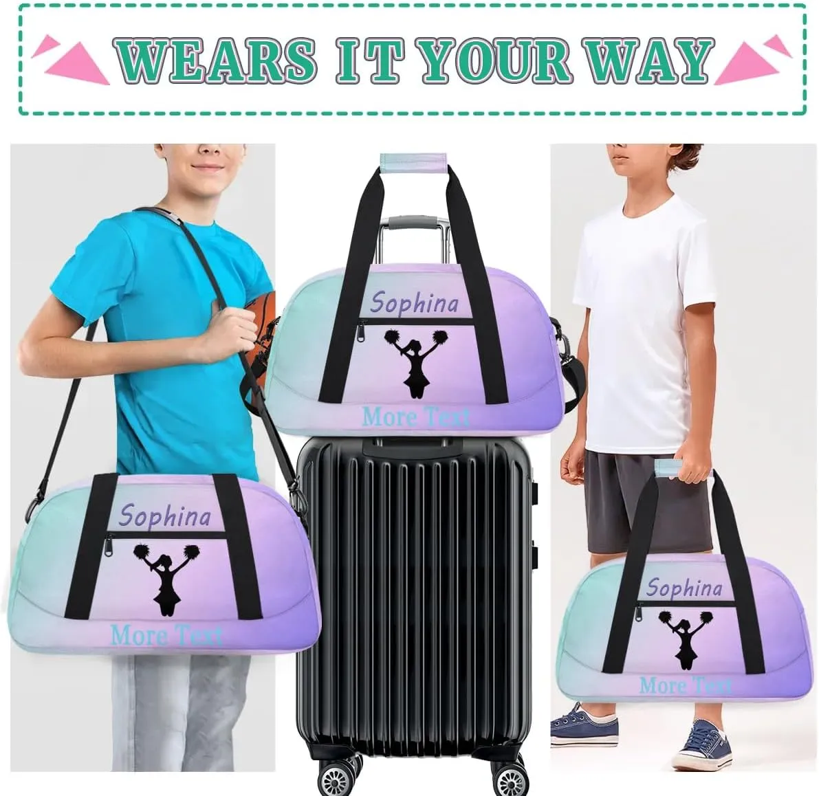 Personalized cheer Bag with Name Custom Sport Duffle Bag for Kids Girls and Boys Overnight Sleepover Bag Travel Bag Weekender Bag for Dance Gift cyan purple cheer