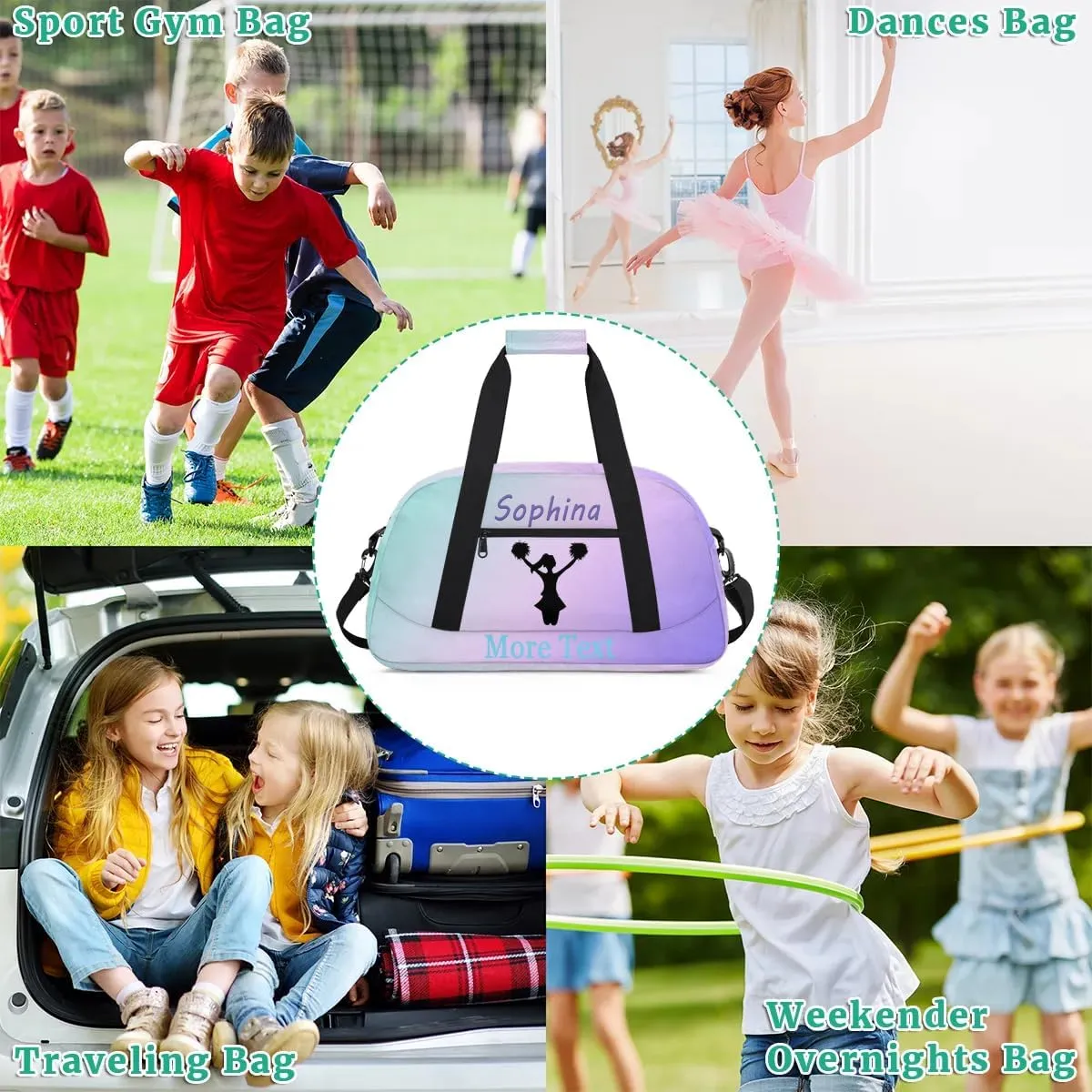 Personalized cheer Bag with Name Custom Sport Duffle Bag for Kids Girls and Boys Overnight Sleepover Bag Travel Bag Weekender Bag for Dance Gift cyan purple cheer