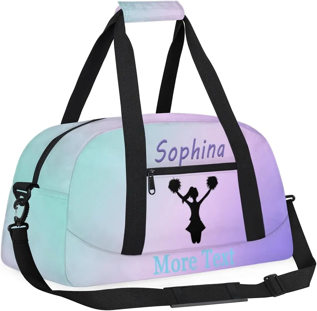 Personalized cheer Bag with Name Custom Sport Duffle Bag for Kids Girls and Boys Overnight Sleepover Bag Travel Bag Weekender Bag for Dance Gift cyan purple cheer