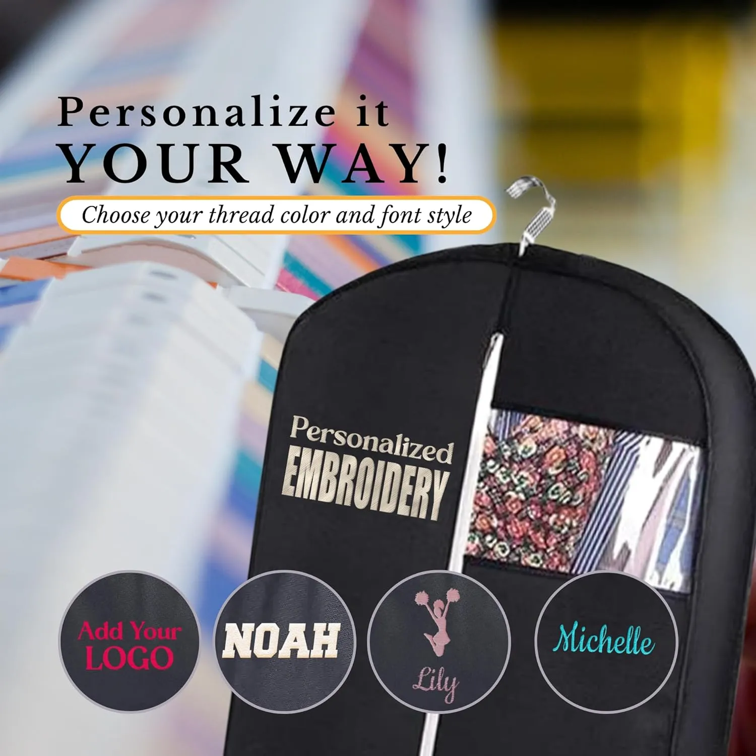 Personalized Garment bag for Hanging Clothes -Embroidered Ballet Dancer Breathable Black Custom Bags With 2 Mesh Pockets for Dancers, Ideal for Dance Customs, Custom Dress Cover Bag with Carry Handle