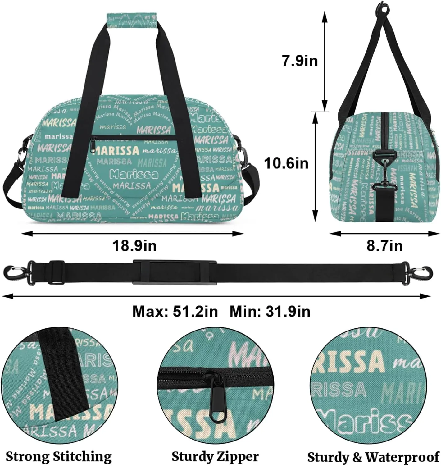 Personalized Kids Sports Duffel Bag with Name Custom Gym Dance Bag for Boys Girls Waterproof Weekender Overnight Bag for Travel Cheerleading Gymnastics Heart Cyan Pink