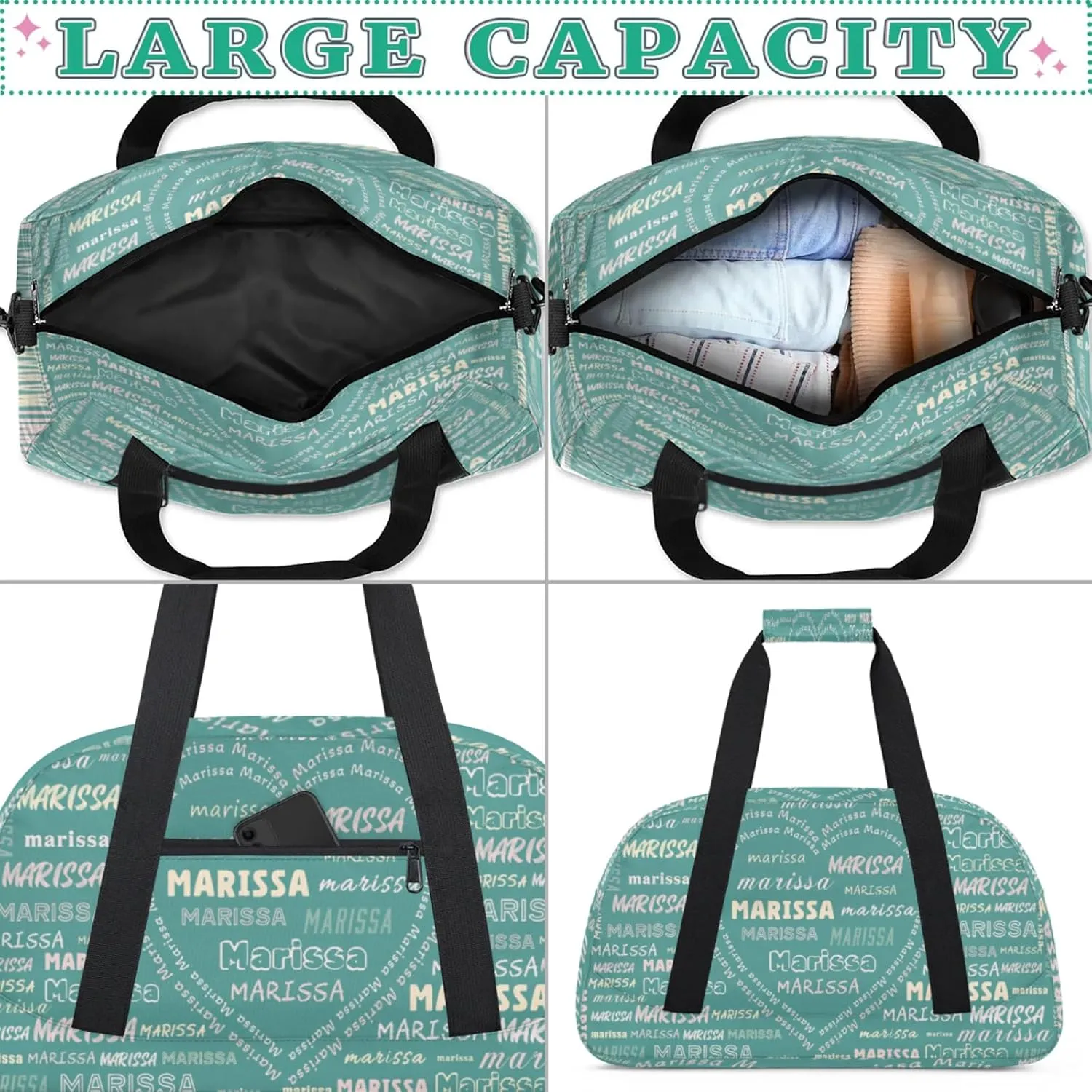 Personalized Kids Sports Duffel Bag with Name Custom Gym Dance Bag for Boys Girls Waterproof Weekender Overnight Bag for Travel Cheerleading Gymnastics Heart Cyan Pink
