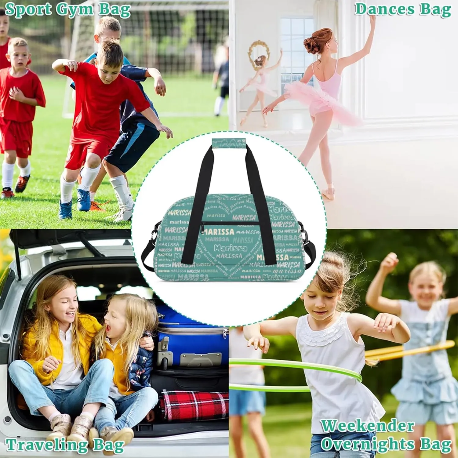 Personalized Kids Sports Duffel Bag with Name Custom Gym Dance Bag for Boys Girls Waterproof Weekender Overnight Bag for Travel Cheerleading Gymnastics Heart Cyan Pink