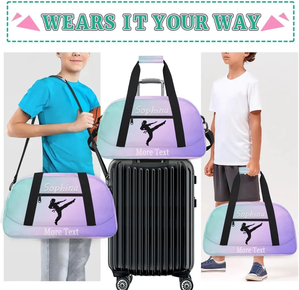 Personalized martial arts Bag with Name Custom Sport Duffle Bag for Kids Girls and Boys Overnight Sleepover Bag Travel Bag Weekender Bag for Gym Gymnastics Gift cyan purple martial arts