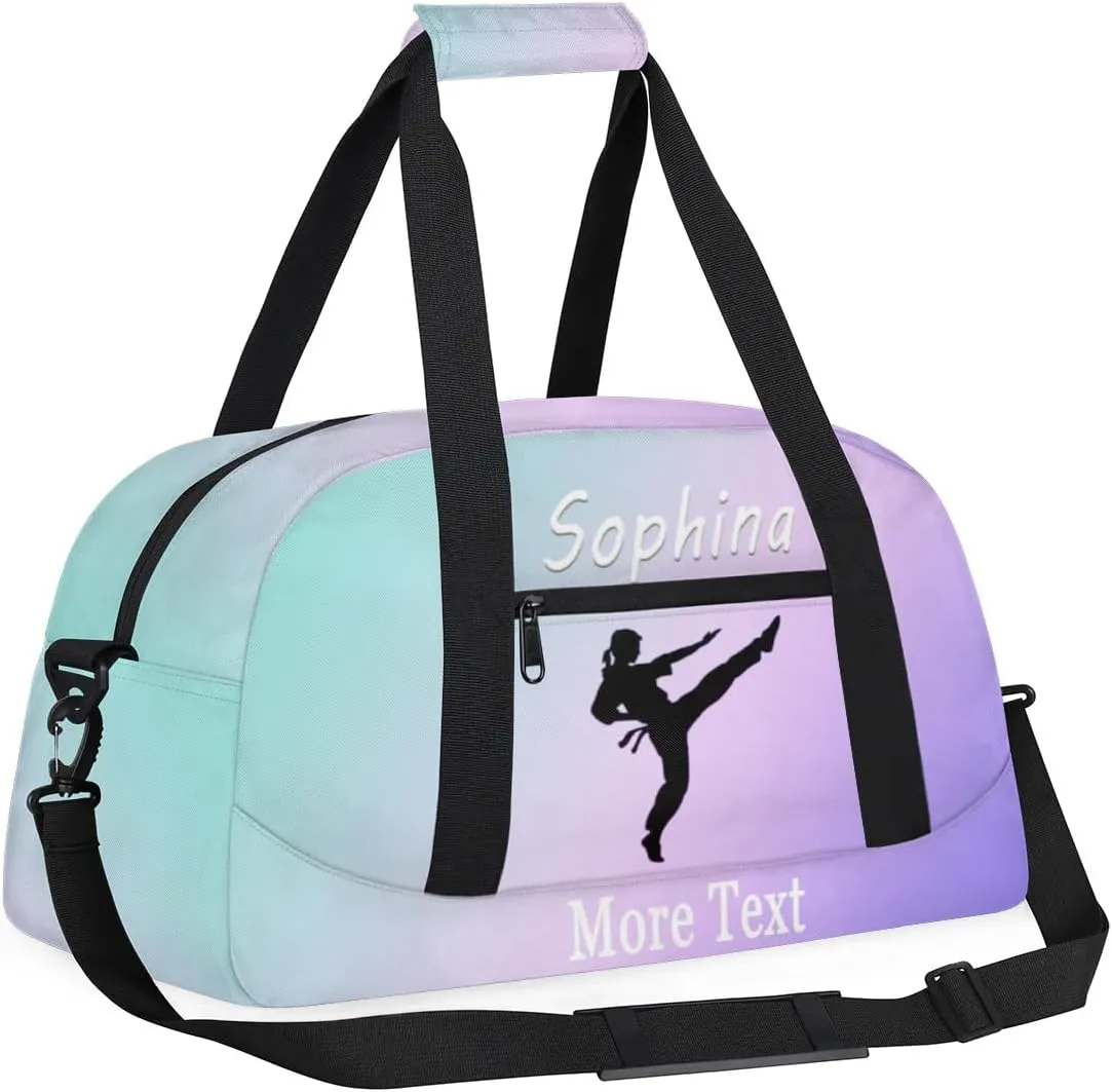 Personalized martial arts Bag with Name Custom Sport Duffle Bag for Kids Girls and Boys Overnight Sleepover Bag Travel Bag Weekender Bag for Gym Gymnastics Gift cyan purple martial arts