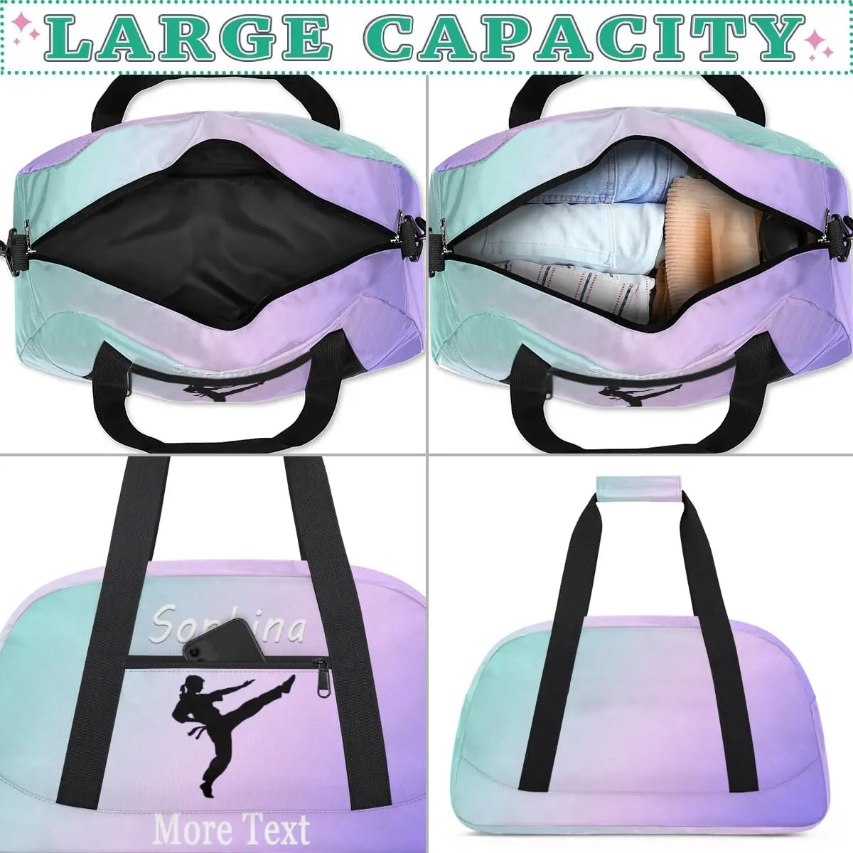 Personalized martial arts Bag with Name Custom Sport Duffle Bag for Kids Girls and Boys Overnight Sleepover Bag Travel Bag Weekender Bag for Gym Gymnastics Gift cyan purple martial arts