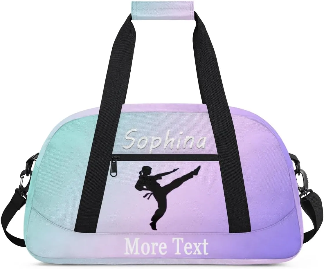Personalized martial arts Bag with Name Custom Sport Duffle Bag for Kids Girls and Boys Overnight Sleepover Bag Travel Bag Weekender Bag for Gym Gymnastics Gift cyan purple martial arts