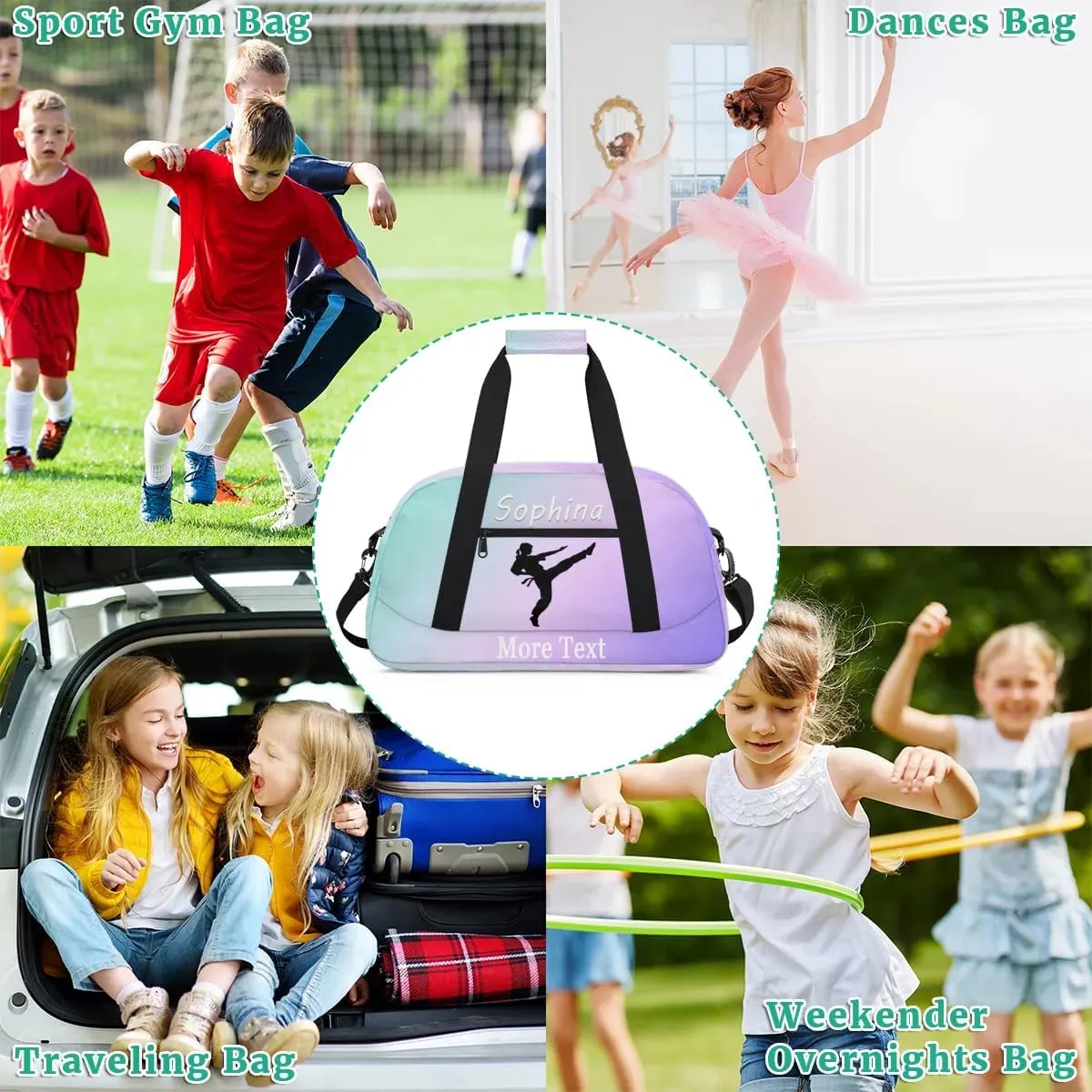 Personalized martial arts Bag with Name Custom Sport Duffle Bag for Kids Girls and Boys Overnight Sleepover Bag Travel Bag Weekender Bag for Gym Gymnastics Gift cyan purple martial arts