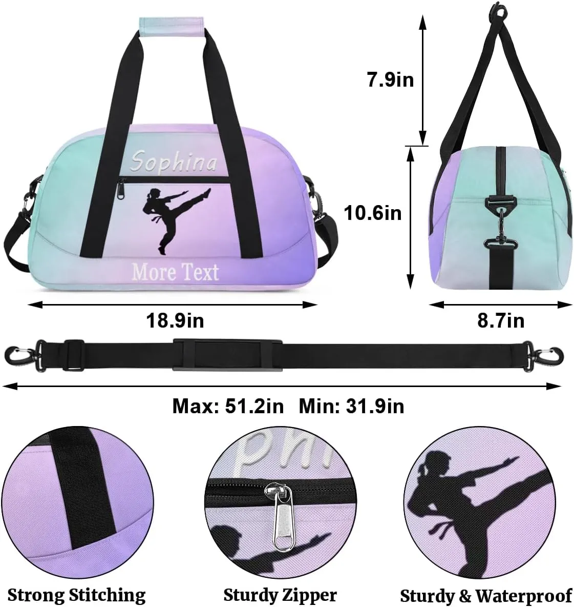 Personalized martial arts Bag with Name Custom Sport Duffle Bag for Kids Girls and Boys Overnight Sleepover Bag Travel Bag Weekender Bag for Gym Gymnastics Gift cyan purple martial arts
