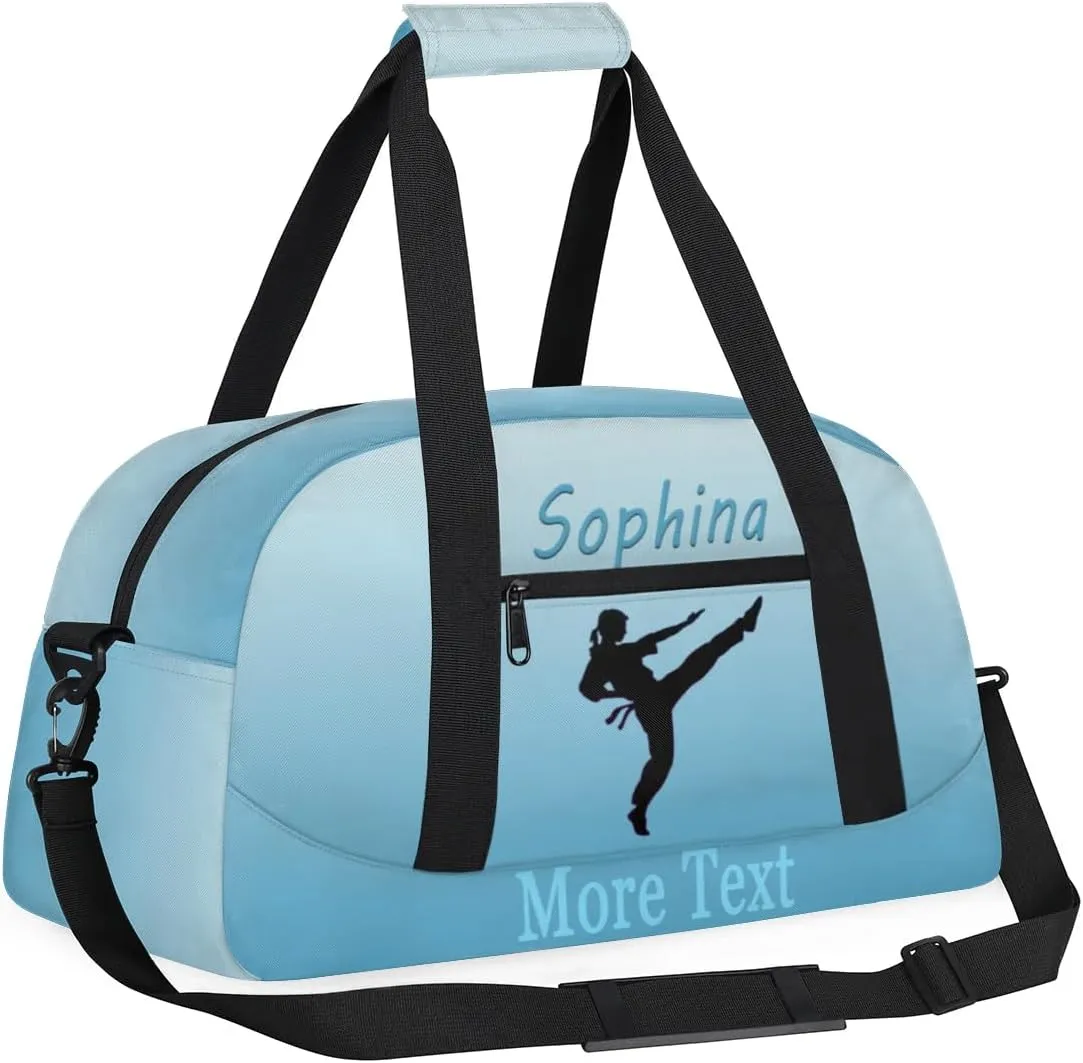 Personalized martial arts Bag with Name Custom Sport Duffle Bag Overnight Bag Sleepover bag travel bag Weekender Bags Workout Bag for Gym Gymnastics Gift blue white martial arts