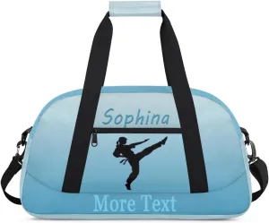 Personalized martial arts Bag with Name Custom Sport Duffle Bag Overnight Bag Sleepover bag travel bag Weekender Bags Workout Bag for Gym Gymnastics Gift blue white martial arts