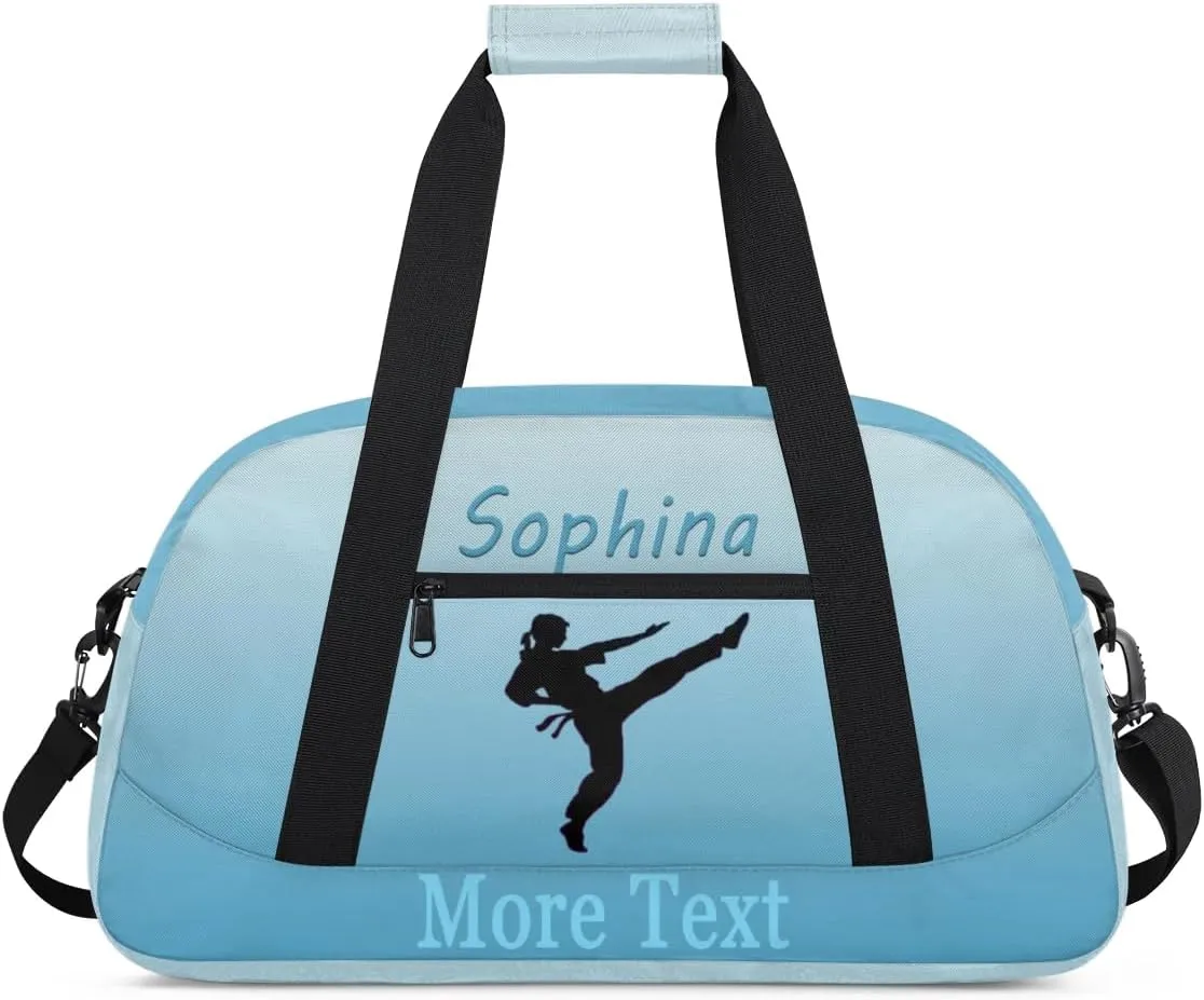 Personalized martial arts Bag with Name Custom Sport Duffle Bag Overnight Bag Sleepover bag travel bag Weekender Bags Workout Bag for Gym Gymnastics Gift blue white martial arts