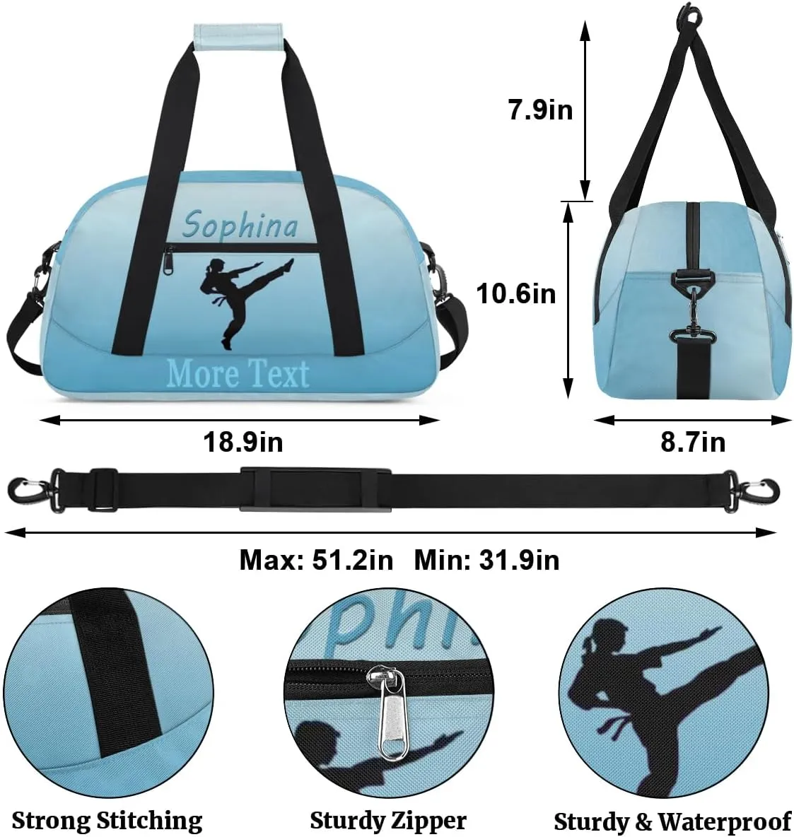 Personalized martial arts Bag with Name Custom Sport Duffle Bag Overnight Bag Sleepover bag travel bag Weekender Bags Workout Bag for Gym Gymnastics Gift blue white martial arts