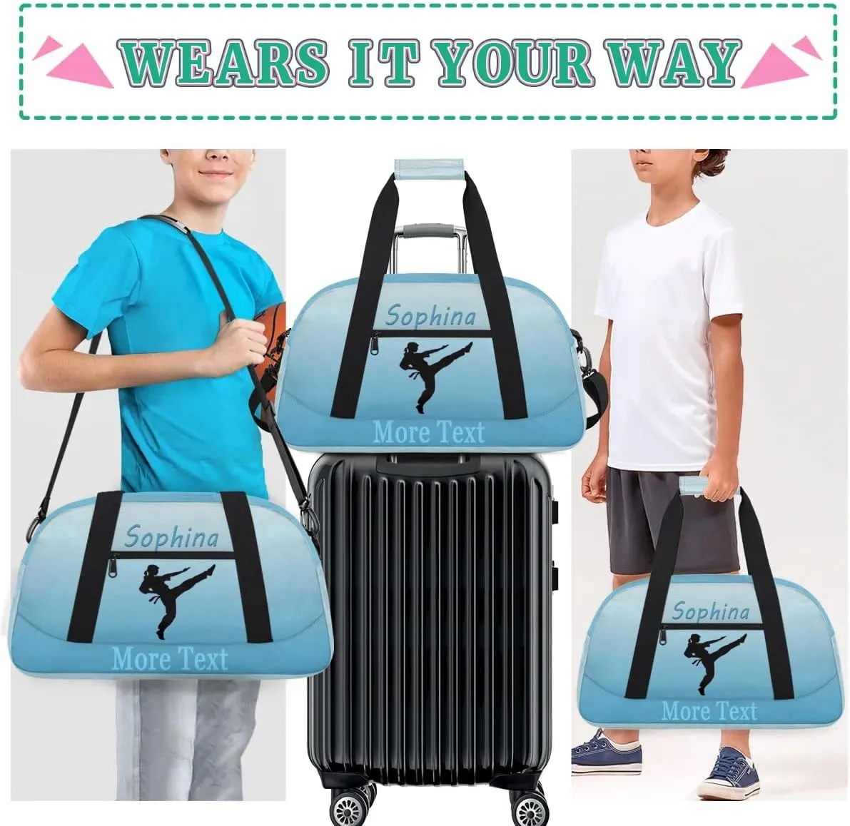 Personalized martial arts Bag with Name Custom Sport Duffle Bag Overnight Bag Sleepover bag travel bag Weekender Bags Workout Bag for Gym Gymnastics Gift blue white martial arts