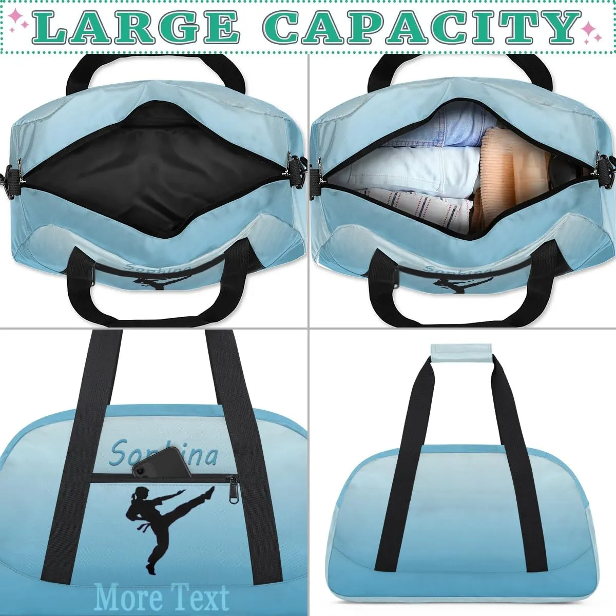Personalized martial arts Bag with Name Custom Sport Duffle Bag Overnight Bag Sleepover bag travel bag Weekender Bags Workout Bag for Gym Gymnastics Gift blue white martial arts