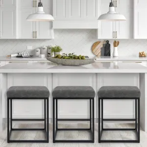 PHI VILLA Bar Stools Set of 3 - Thick Cushion Metal Steel Frame Base with Footrest Kitchen Stools, Grey Bar stools