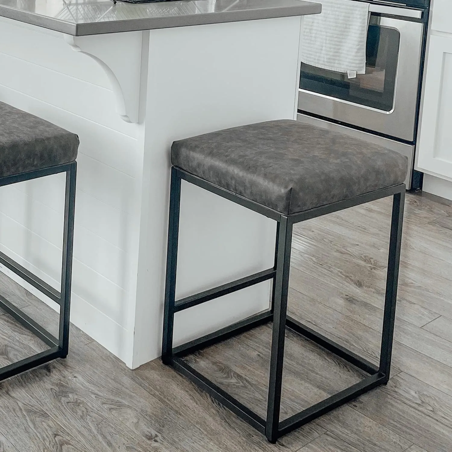 PHI VILLA Bar Stools Set of 3 - Thick Cushion Metal Steel Frame Base with Footrest Kitchen Stools, Grey Bar stools