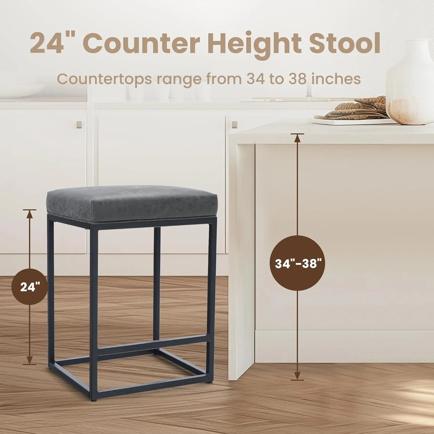 PHI VILLA Bar Stools Set of 3 - Thick Cushion Metal Steel Frame Base with Footrest Kitchen Stools, Grey Bar stools