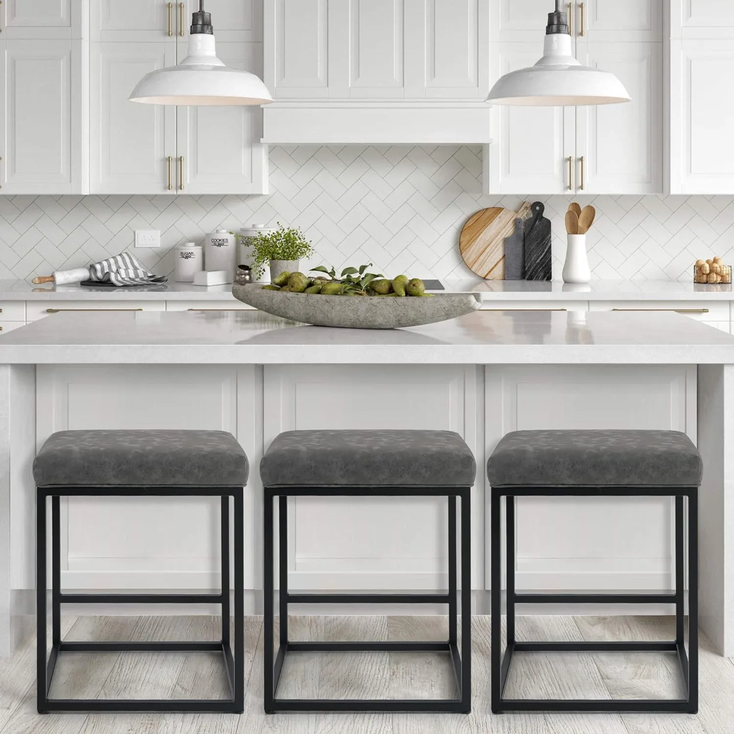 PHI VILLA Bar Stools Set of 3 - Thick Cushion Metal Steel Frame Base with Footrest Kitchen Stools, Grey Bar stools