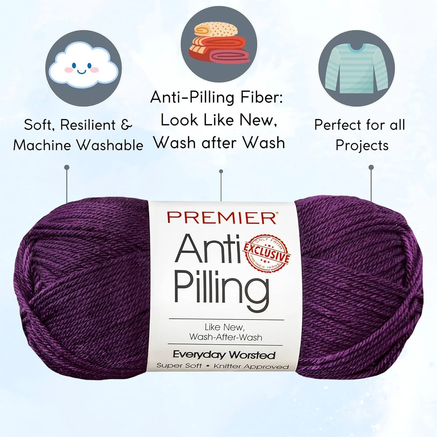 Premier Yarns Everyday Anti-Pilling Solid Aubergine DN100-10 (3-Skeins - Same Dye Lot) #4 Worsted Weight Acrylic Yarn for Crocheting and Knitting with Project Bag