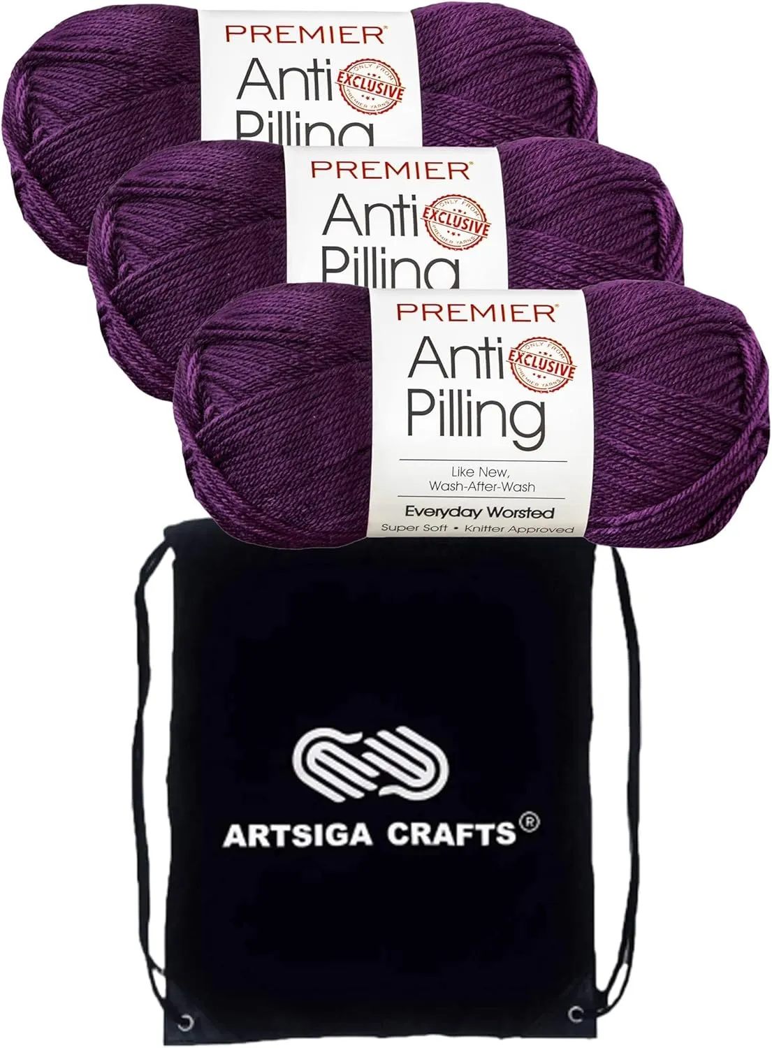 Premier Yarns Everyday Anti-Pilling Solid Aubergine DN100-10 (3-Skeins - Same Dye Lot) #4 Worsted Weight Acrylic Yarn for Crocheting and Knitting with Project Bag