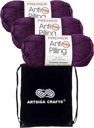 Premier Yarns Everyday Anti-Pilling Solid Aubergine DN100-10 (3-Skeins - Same Dye Lot) #4 Worsted Weight Acrylic Yarn for Crocheting and Knitting with Project Bag