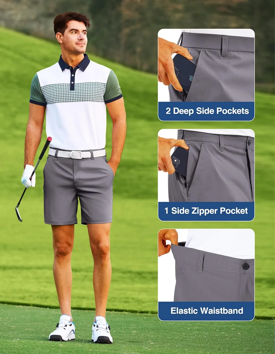 PULI Men's Golf Dress Shorts Flat Front 7 Inch Lightweight Quick Dry Chino Casual with Pockets