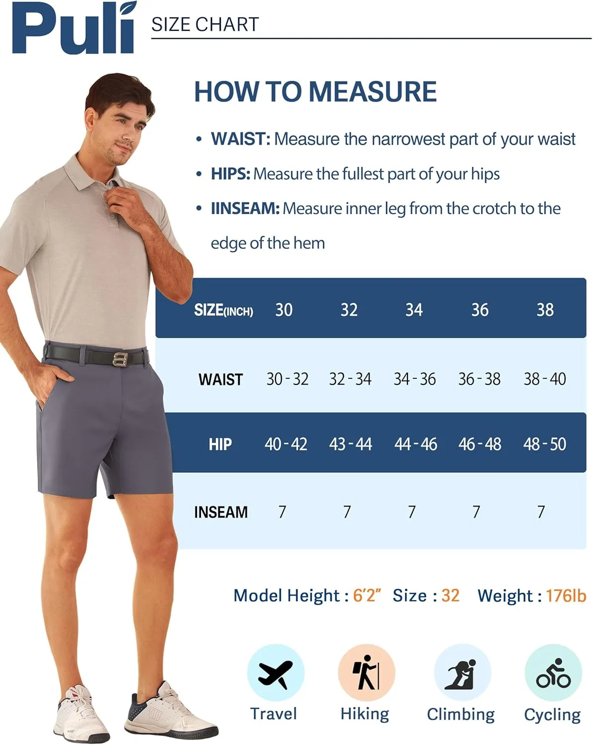PULI Men's Golf Dress Shorts Flat Front 7 Inch Lightweight Quick Dry Chino Casual with Pockets