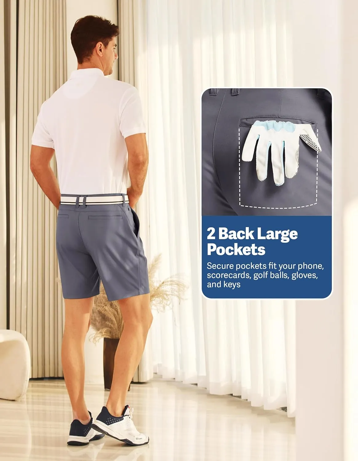 PULI Men's Golf Dress Shorts Flat Front 7 Inch Lightweight Quick Dry Chino Casual with Pockets
