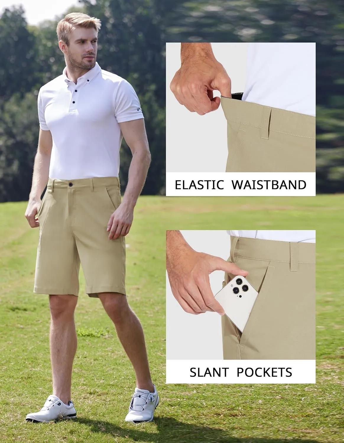 PULI Men's Stretch Golf Short Quick Dry Dress Casual Lightweight Flat Front 10" Summer Hybrid Shorts with Pockets