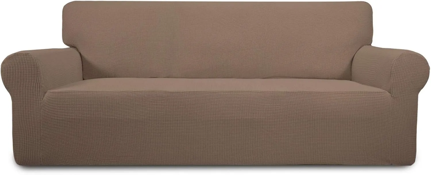 PureFit Stretch Sofa Slipcover – Spandex Jacquard Non Slip Soft Couch Sofa Cover, Washable Furniture Protector with Non Skid Foam and Elastic Bottom for Kids (Sofa, Camel)