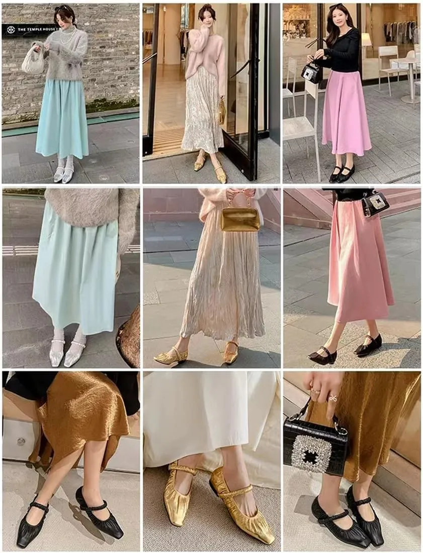QIJOZXN Wrinkled Leather Mary Jane Flats for Women Pointed Toe Ballet Flats Stretch Band Slip On Dress Ballerina Flats Shallow Casual Shoes