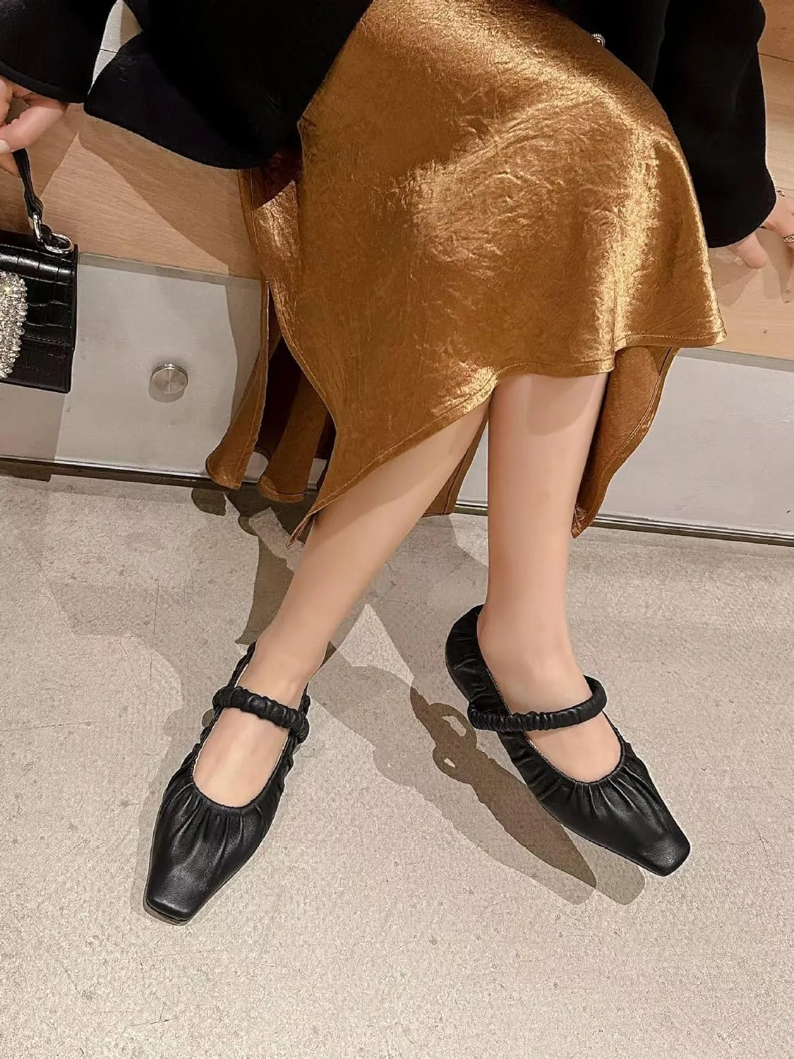 QIJOZXN Wrinkled Leather Mary Jane Flats for Women Pointed Toe Ballet Flats Stretch Band Slip On Dress Ballerina Flats Shallow Casual Shoes