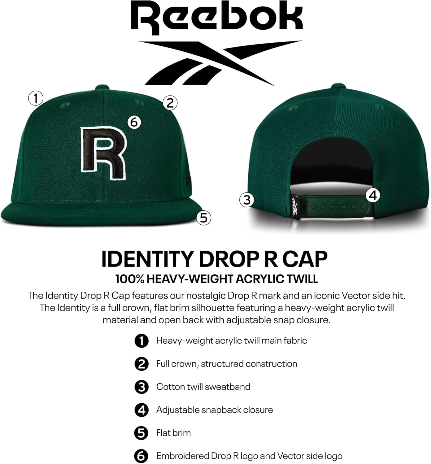 Reebok Identity Drop R Hat | Cap | Baseball | Flat Brim | Snapback | Adjustable | Retro | Casual | Streetwear | Gym