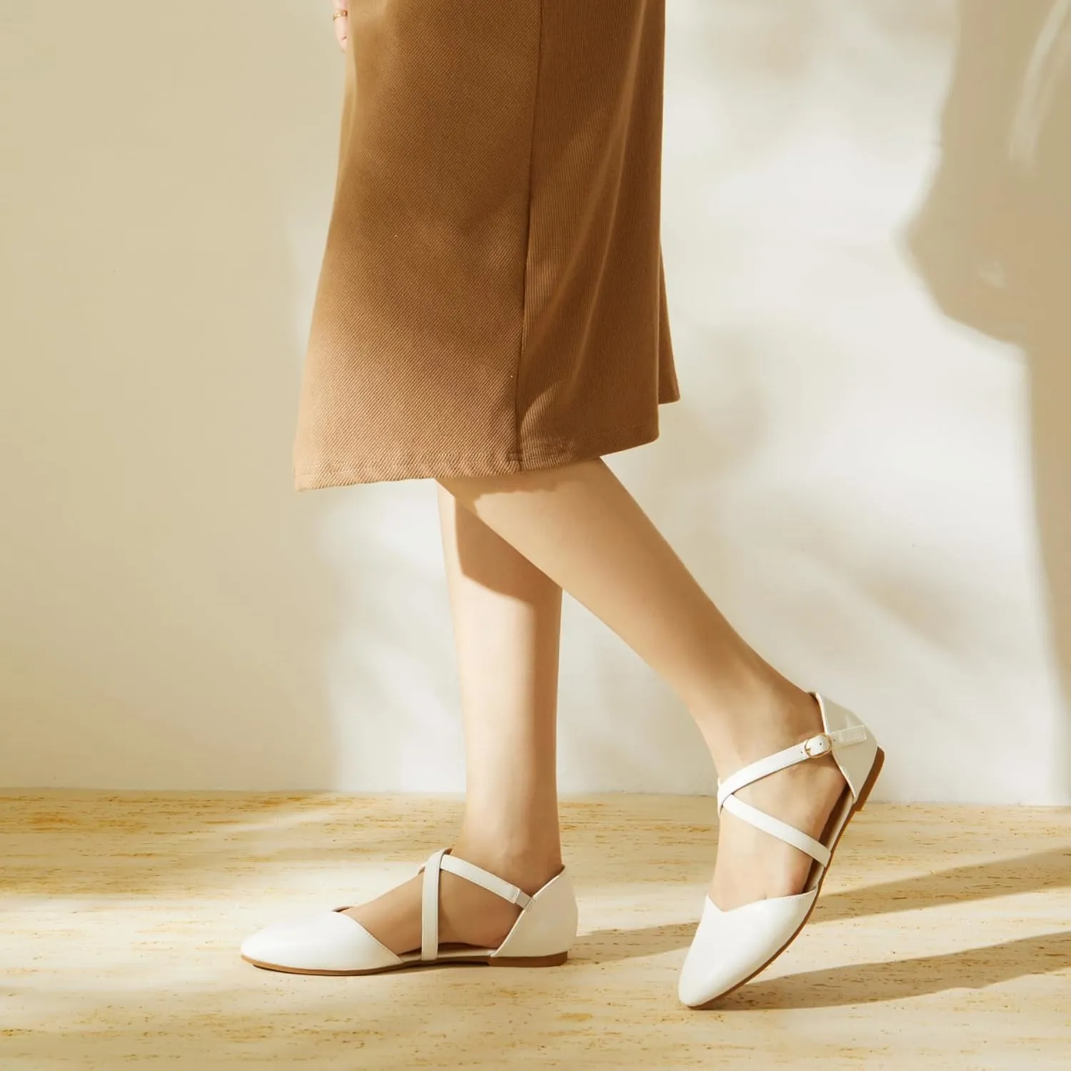 Rekayla Women's Flats Ankle Strap Ballet Flats Dressy Comfortable Women Shoes Criss-Cross Pointed Closed Toe Flats for Women Adjustable Buckle Fashion Cute Dress Flats for Work Wedding Office Casual