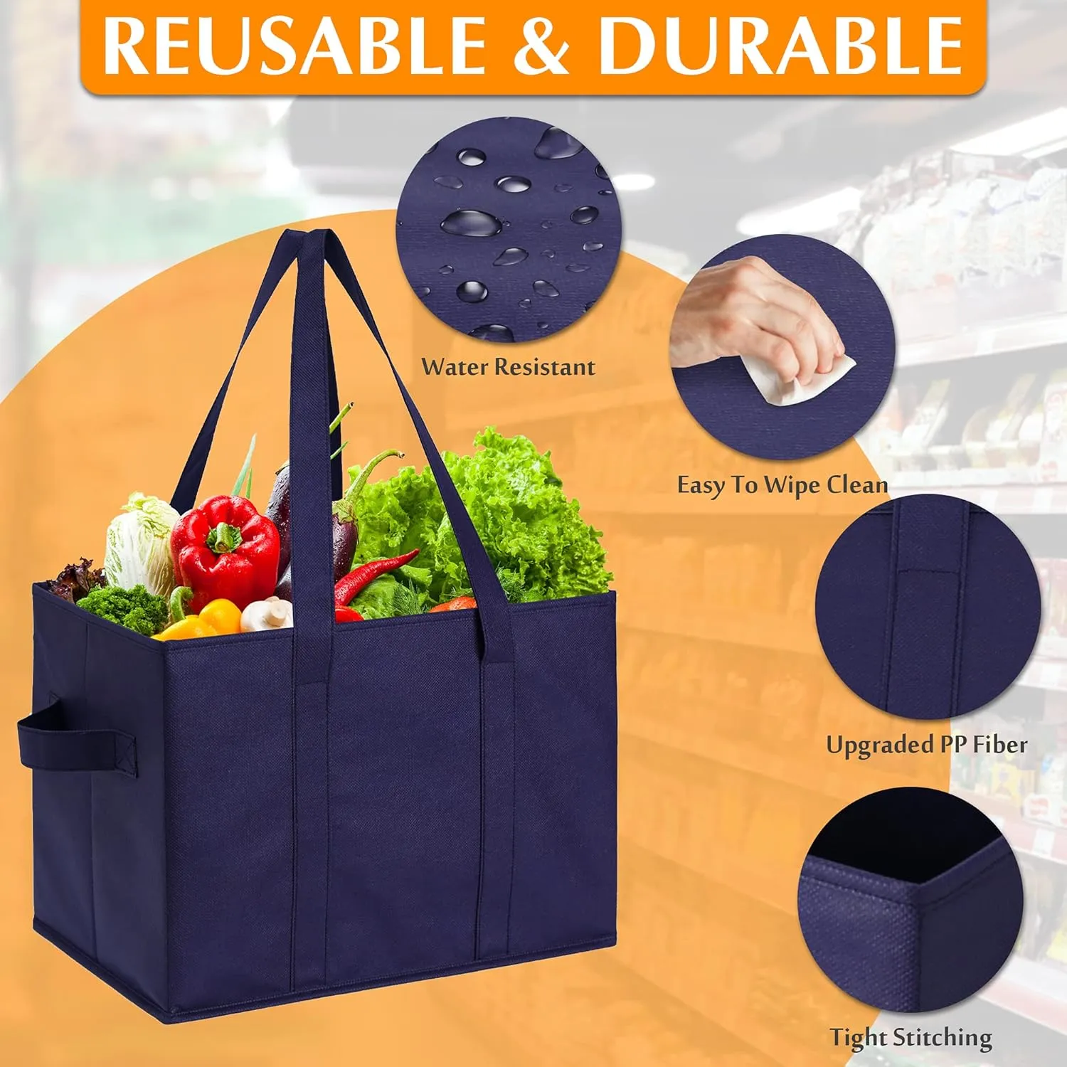 Reusable Grocery Box Bags Heavy Duty Washable Shopping Tote Bag, Long handles and Reinforce Hard Bottom, Blue, Large, 3 Pack