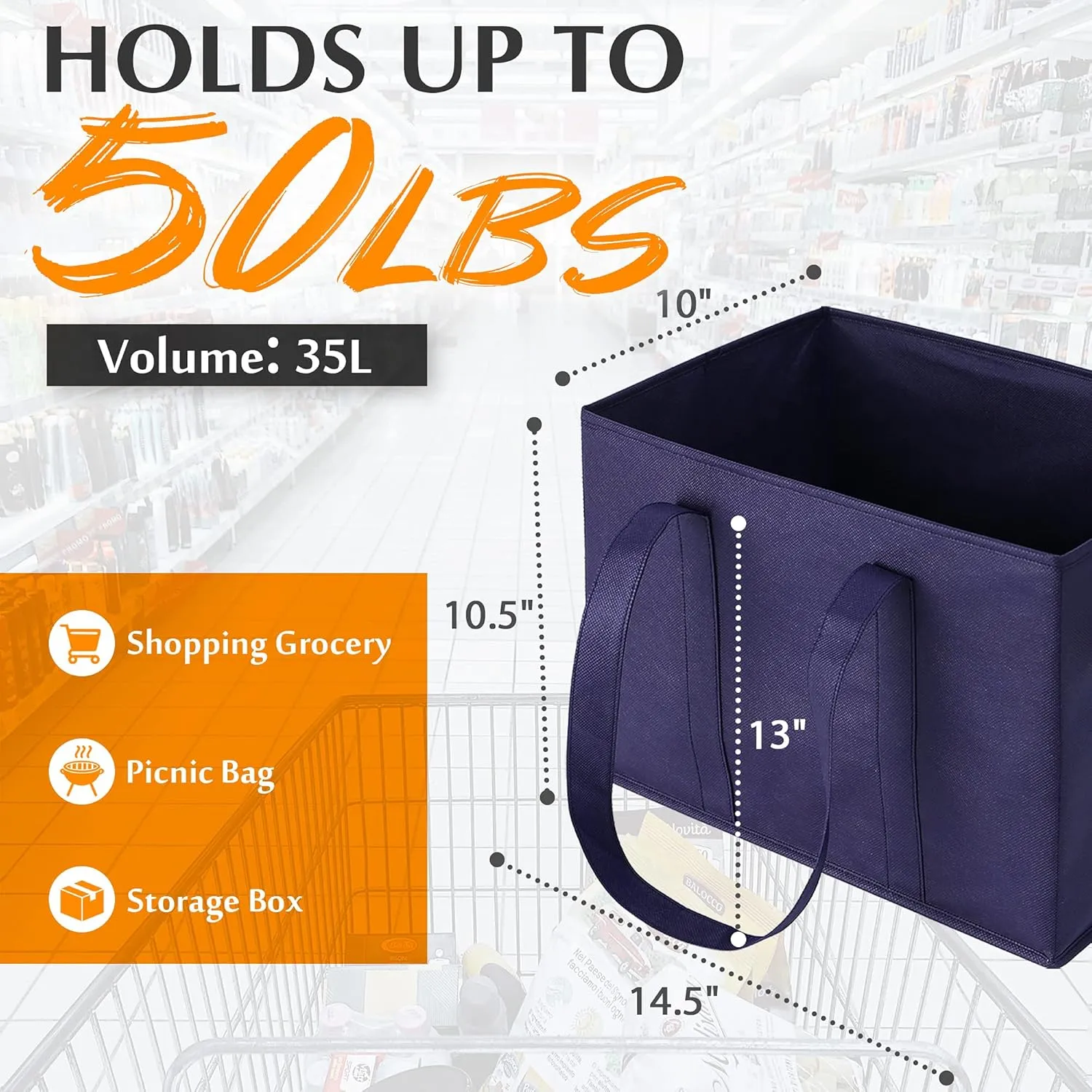 Reusable Grocery Box Bags Heavy Duty Washable Shopping Tote Bag, Long handles and Reinforce Hard Bottom, Blue, Large, 3 Pack