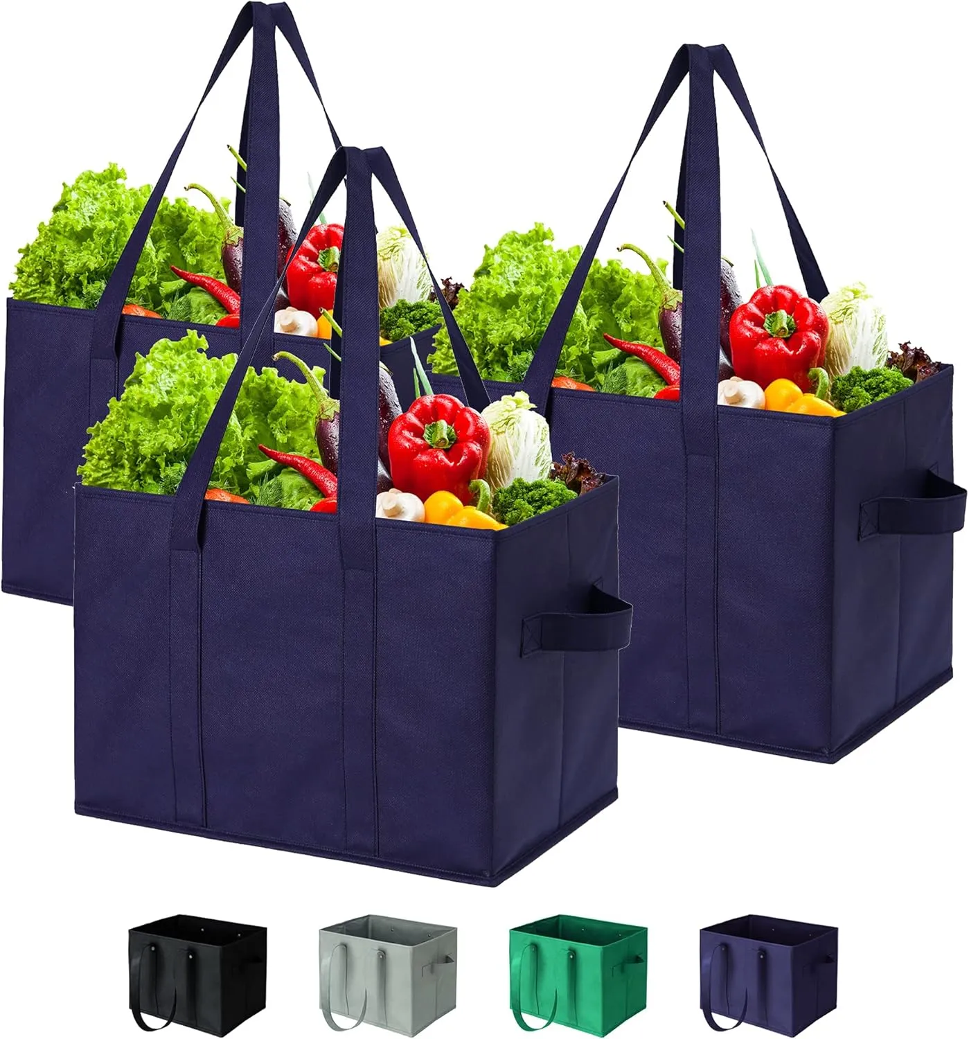 Reusable Grocery Box Bags Heavy Duty Washable Shopping Tote Bag, Long handles and Reinforce Hard Bottom, Blue, Large, 3 Pack