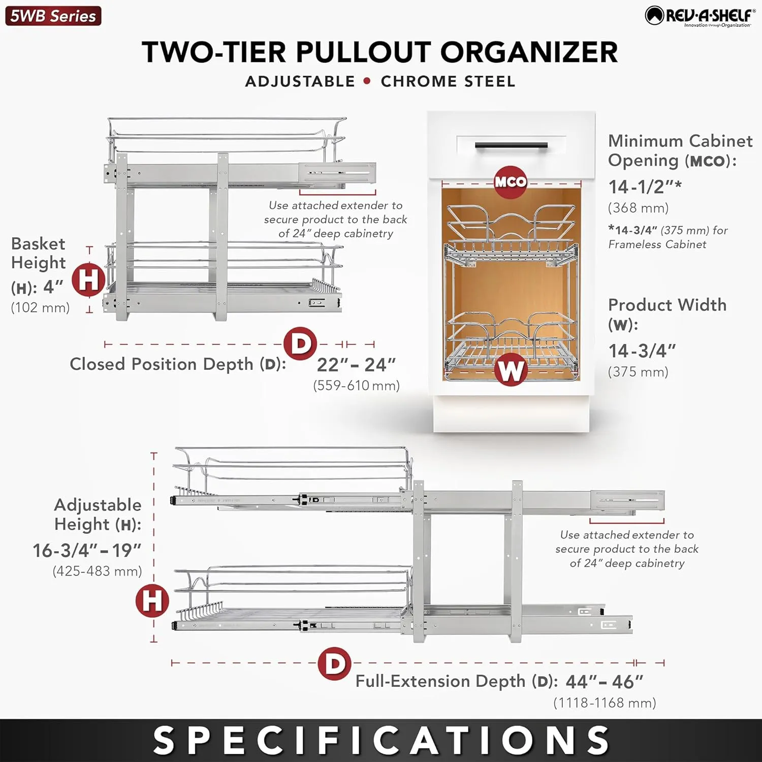 Rev-A-Shelf 2-Tier Kitchen Cabinet Pullout Shelf and Drawer Organizer Slide Out Pantry Storage Basket in Multiple Sizes, 15 x 22 In, 5WB2-1522CR-1