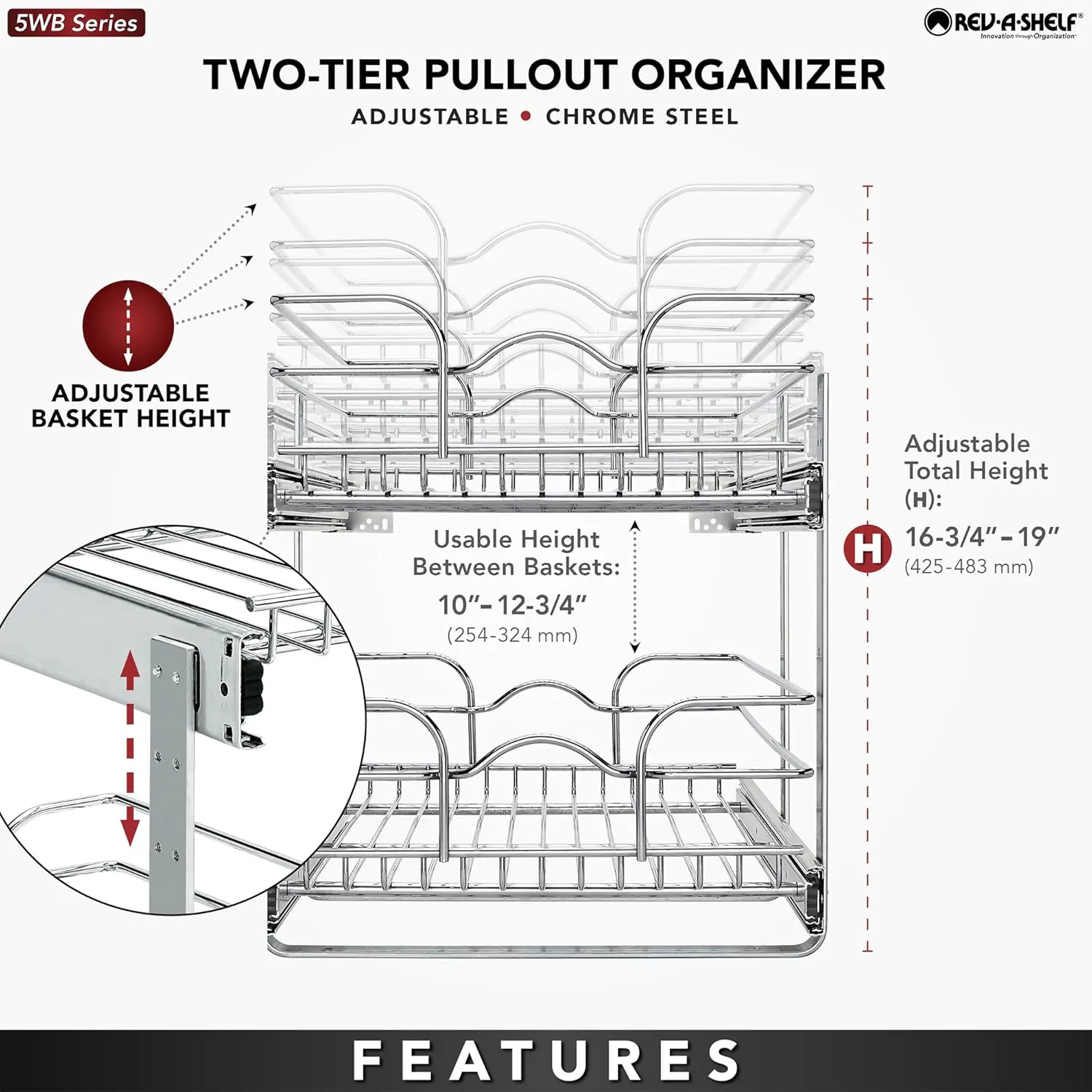 Rev-A-Shelf 2-Tier Kitchen Cabinet Pullout Shelf and Drawer Organizer Slide Out Pantry Storage Basket in Multiple Sizes, 15 x 22 In, 5WB2-1522CR-1